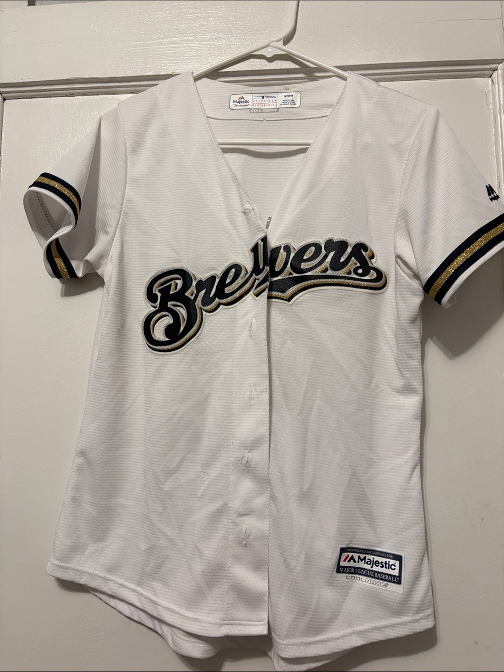 Majestic White Brewers Button-Down Women's Jersey with Navy & Gold Trim